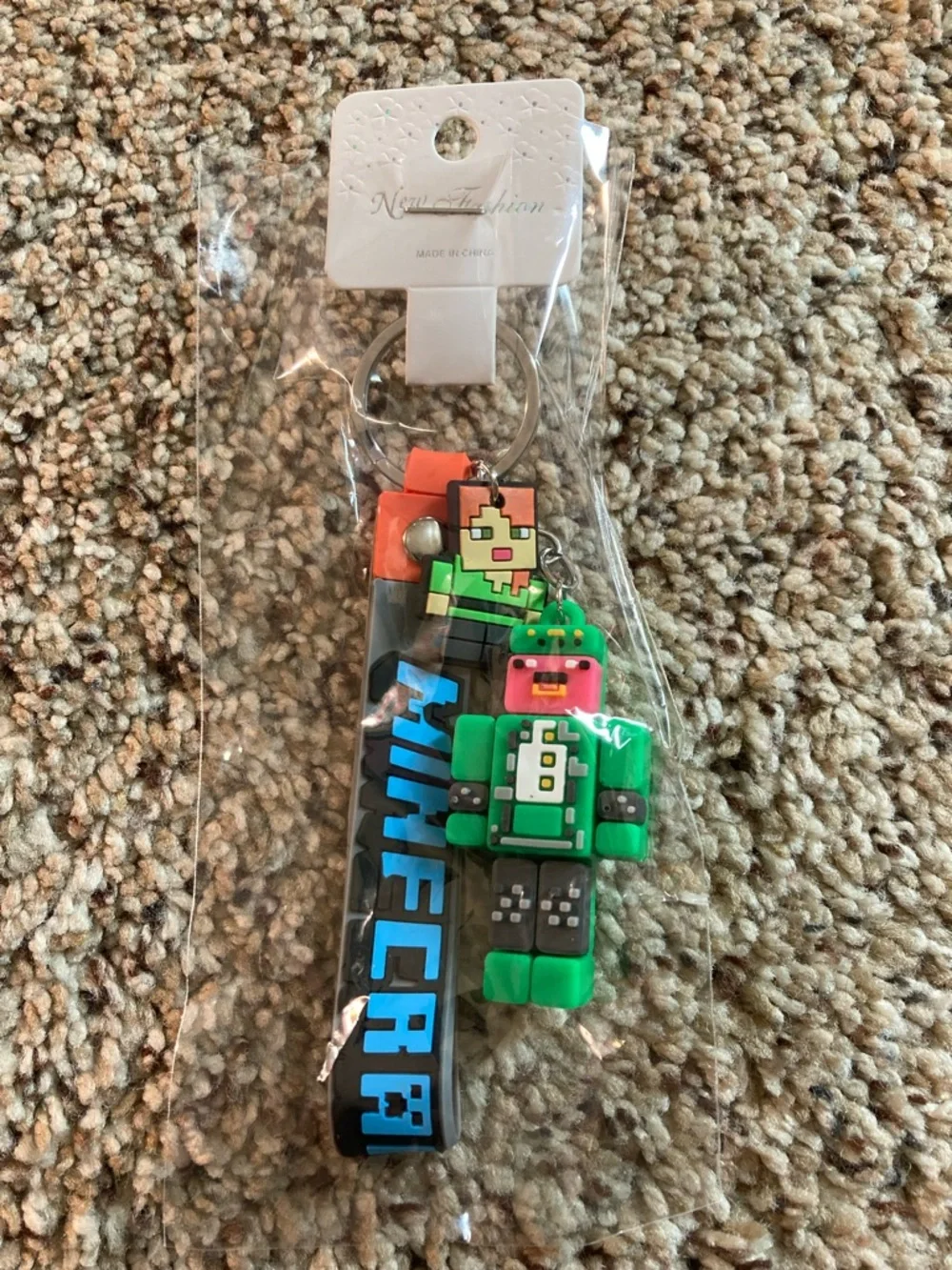 Minecraft Green Pixel Robot Keychain with Wrist Strap